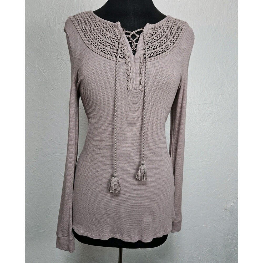 Women L Henley Lace Up Whimsigoth Boho Fairy Crochet Top Long Sleeve Tassels